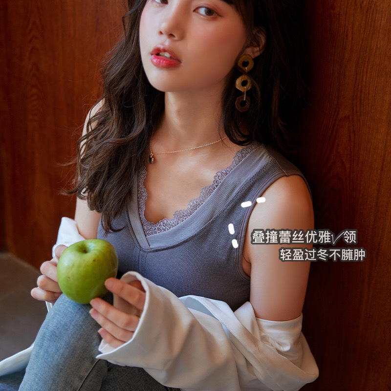Autumn and Winter Comfortable Bare Ammonia High Elastic Acrylic Cotton Lace V-neck Imitation Latex Coaster Warm Bottoming Lock Temperature Vest