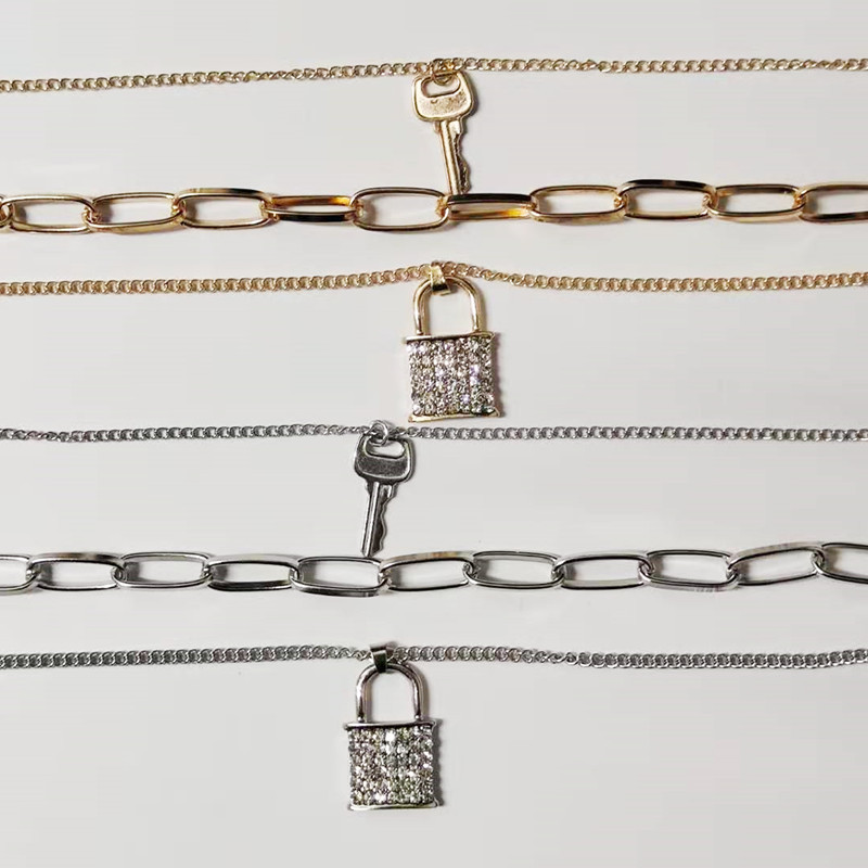 Europe and America Cross Border Popular Creative Fashion Diamond Lock-Shaped Necklace Female Retro Easy Matching Multi-Layer Key Lock Head Sweater Chain