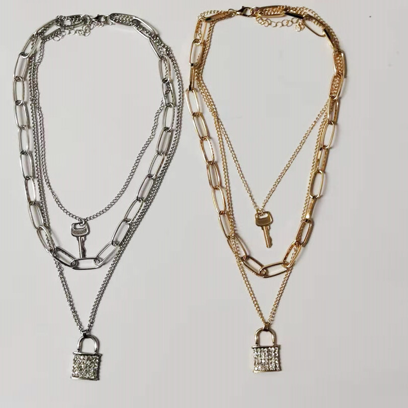 Europe and America Cross Border Popular Creative Fashion Diamond Lock-Shaped Necklace Female Retro Easy Matching Multi-Layer Key Lock Head Sweater Chain