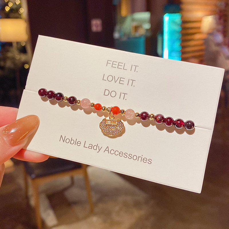 Natural Garnet Bracelet Women&#039;s Pearl Fashion Lock Bow Single Ring Bracelet Pomegranate Lucky Beads Factory Direct Sales