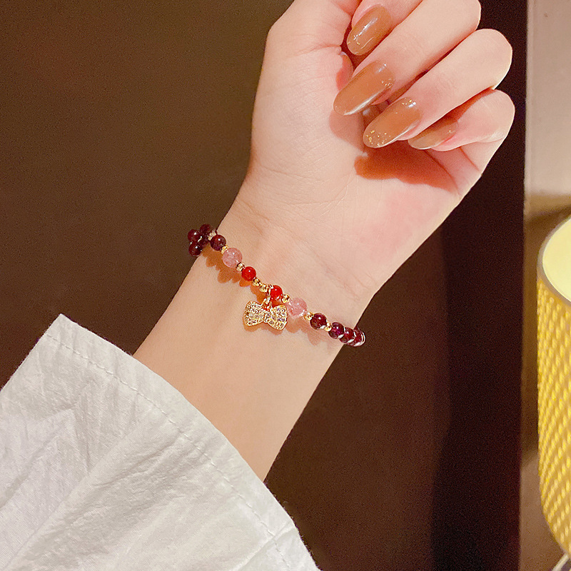 Natural Garnet Bracelet Women&#039;s Pearl Fashion Lock Bow Single Ring Bracelet Pomegranate Lucky Beads Factory Direct Sales