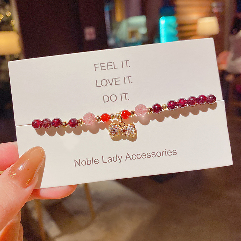 Natural Garnet Bracelet Women&#039;s Pearl Fashion Lock Bow Single Ring Bracelet Pomegranate Lucky Beads Factory Direct Sales