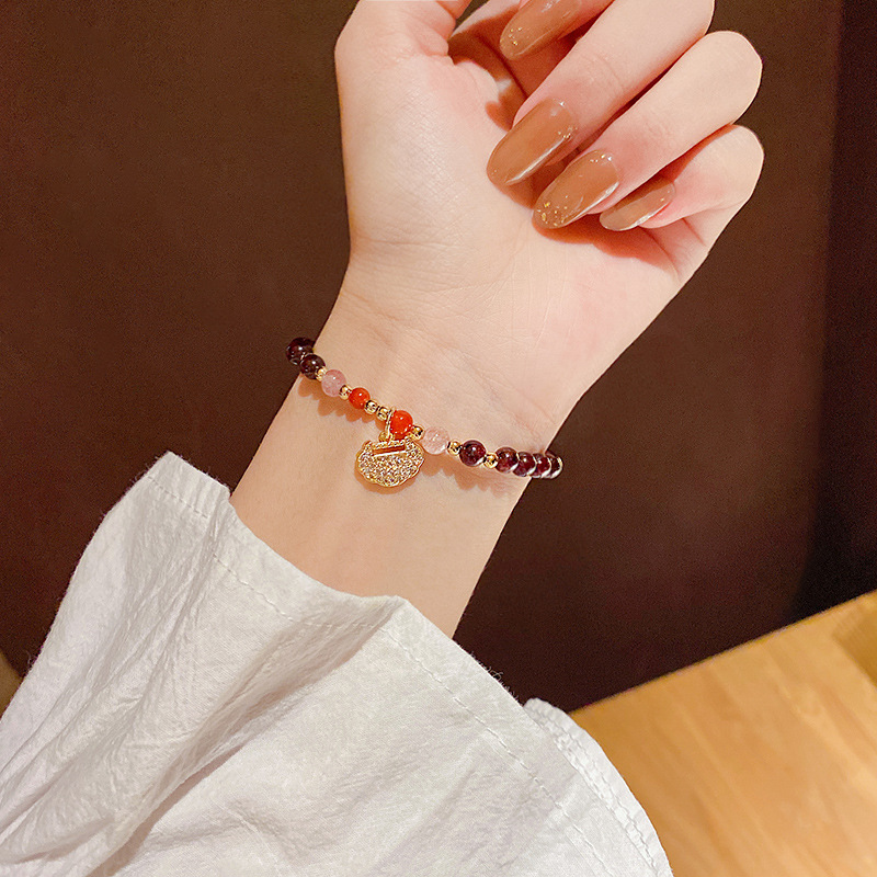 Natural Garnet Bracelet Women&#039;s Pearl Fashion Lock Bow Single Ring Bracelet Pomegranate Lucky Beads Factory Direct Sales