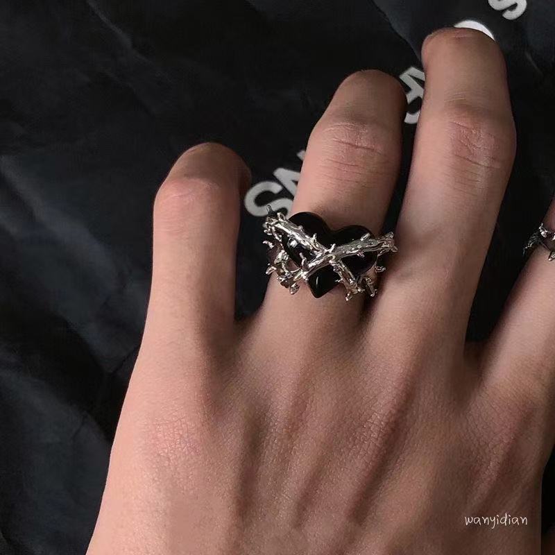 Locked Heart Japanese and Korean Harajuku Dark Style Thorns Heart-Shaped Open Ring Trend Ins Cold Heart-Shaped Ring Female
