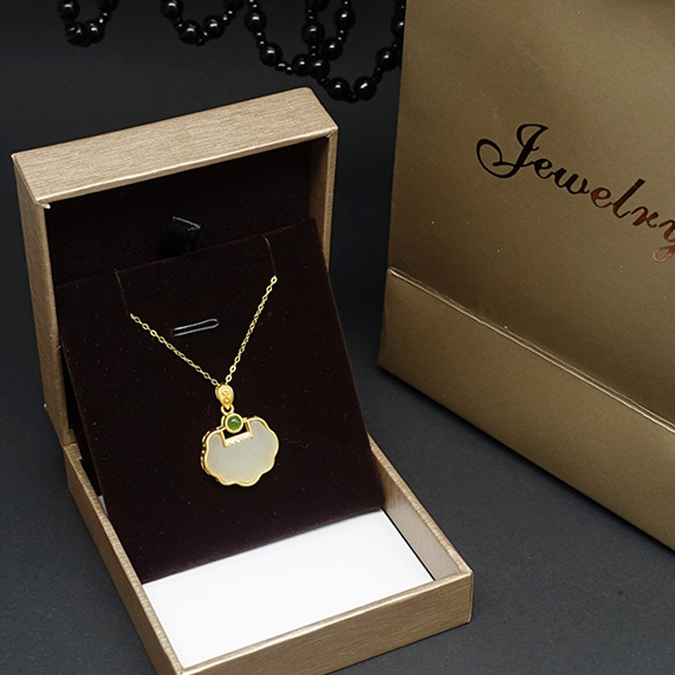 Ancient Gold S925 Sterling Silver Inlaid Hetian Jade Peace Buckle Charm Longevity Lock Pendant Gold Inlaid with Jade White Jade Pendant Wholesale