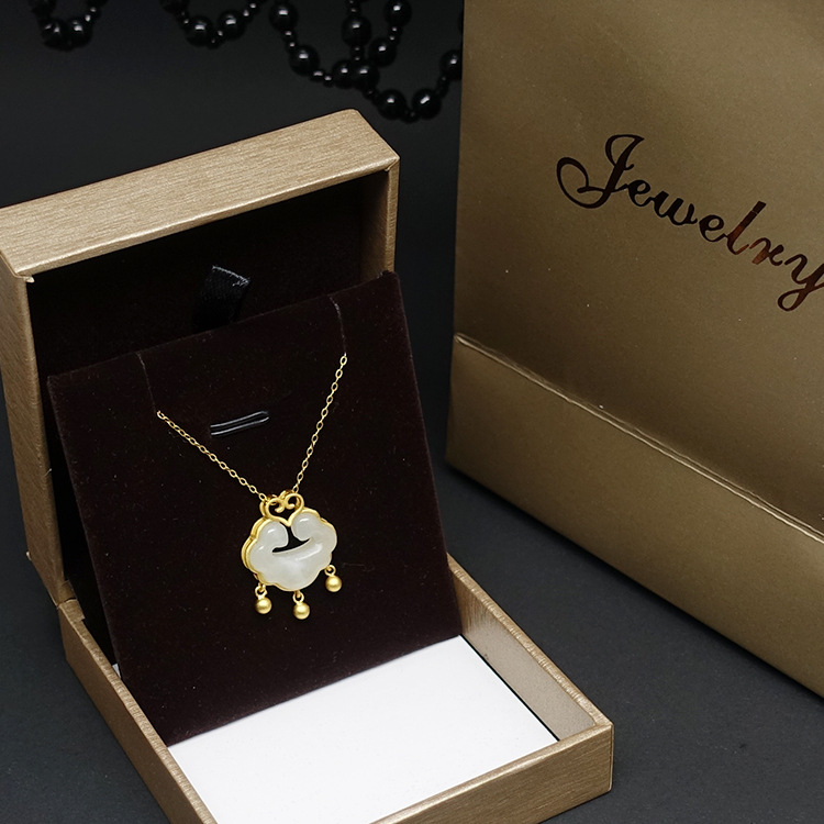 Ancient Gold S925 Sterling Silver Inlaid Hetian Jade Peace Buckle Charm Longevity Lock Pendant Gold Inlaid with Jade White Jade Pendant Wholesale