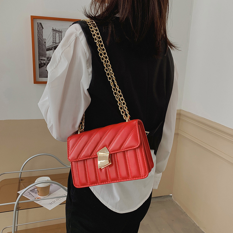 Cross-Border Textured Lock Embroidery Line Small Square Bag 2021 New Korean Chic Chain Messenger Bag Casual Shoulder Bag