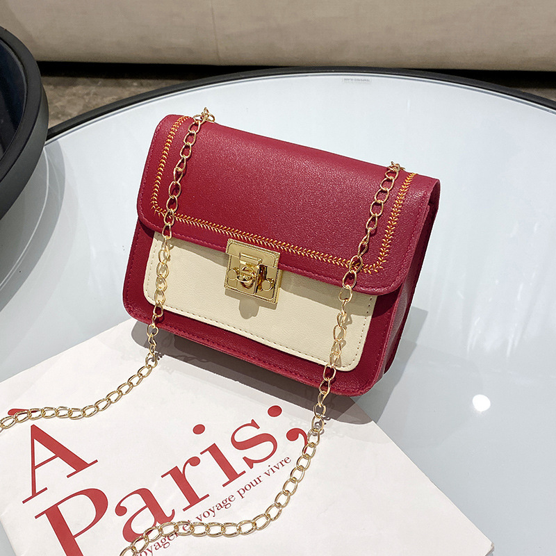 Guangzhou Women&#039;s Bag 2020 Winter Korean Style Embroidery Thread Color Matching Chain Lock Small Square Bag Shoulder Crossbody Cell Phone Bag Tide
