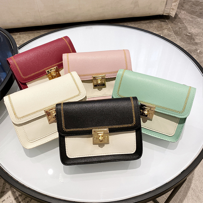 Guangzhou Women&#039;s Bag 2020 Winter Korean Style Embroidery Thread Color Matching Chain Lock Small Square Bag Shoulder Crossbody Cell Phone Bag Tide