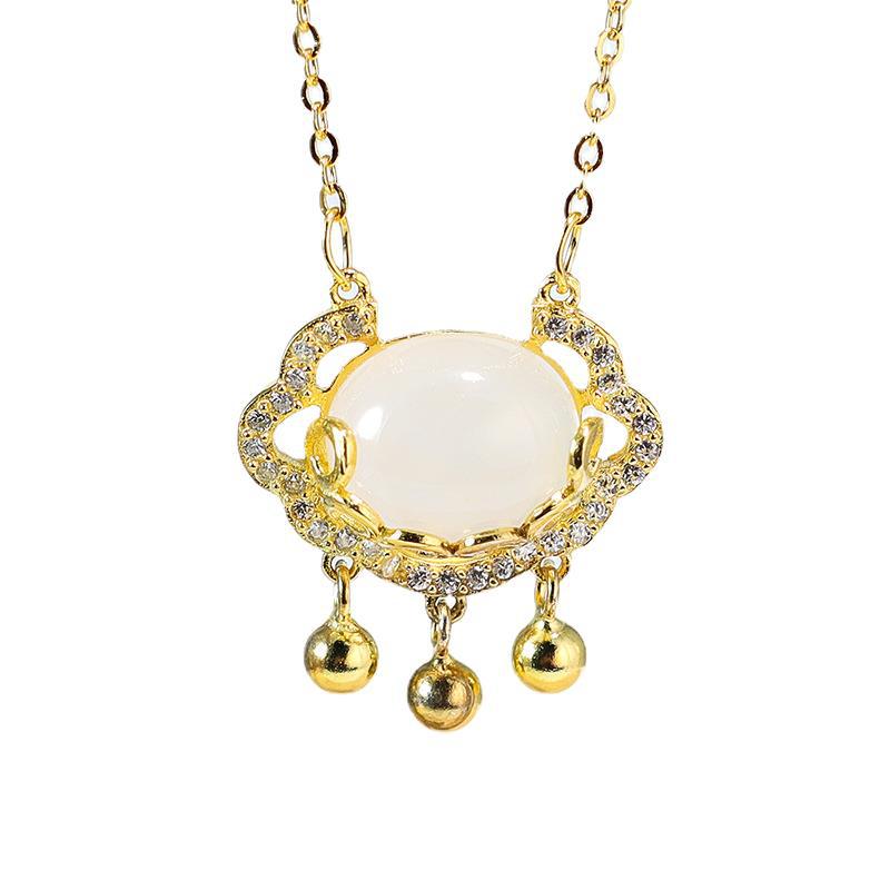 S925 Sterling Silver Japanese and Korean White Chalcedony Longevity Lock Necklace Water Drop Elegant Auspicious Cloud Lock Safe Clavicle Chain Female 347dz