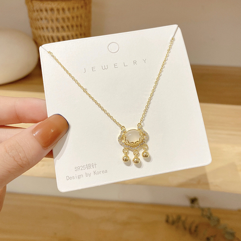 Tiktok Same Style Net Red Wind Longevity Lock Necklace Female Chinese Style Creative Opal Tassel Clavicle Chain Titanium Steel Necklace
