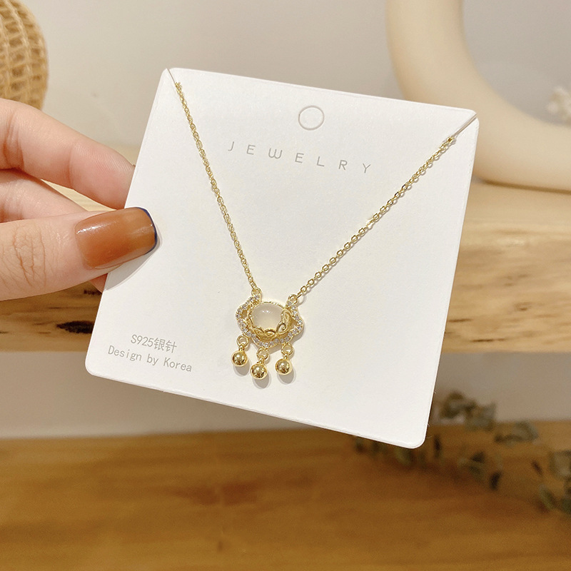 Tiktok Same Style Net Red Wind Longevity Lock Necklace Female Chinese Style Creative Opal Tassel Clavicle Chain Titanium Steel Necklace