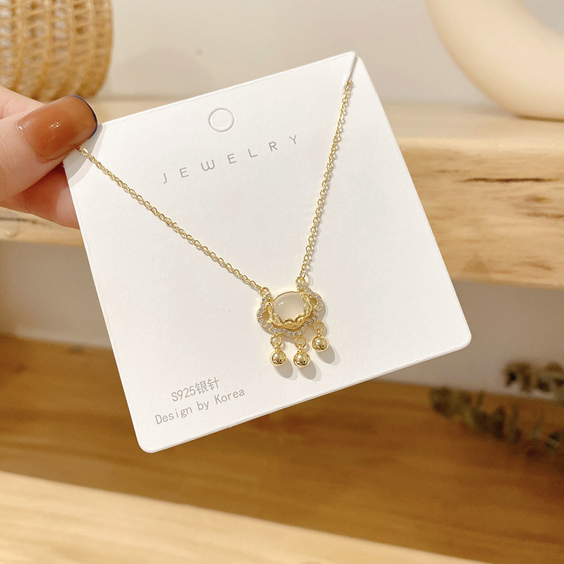 Tiktok Same Style Net Red Wind Longevity Lock Necklace Female Chinese Style Creative Opal Tassel Clavicle Chain Titanium Steel Necklace