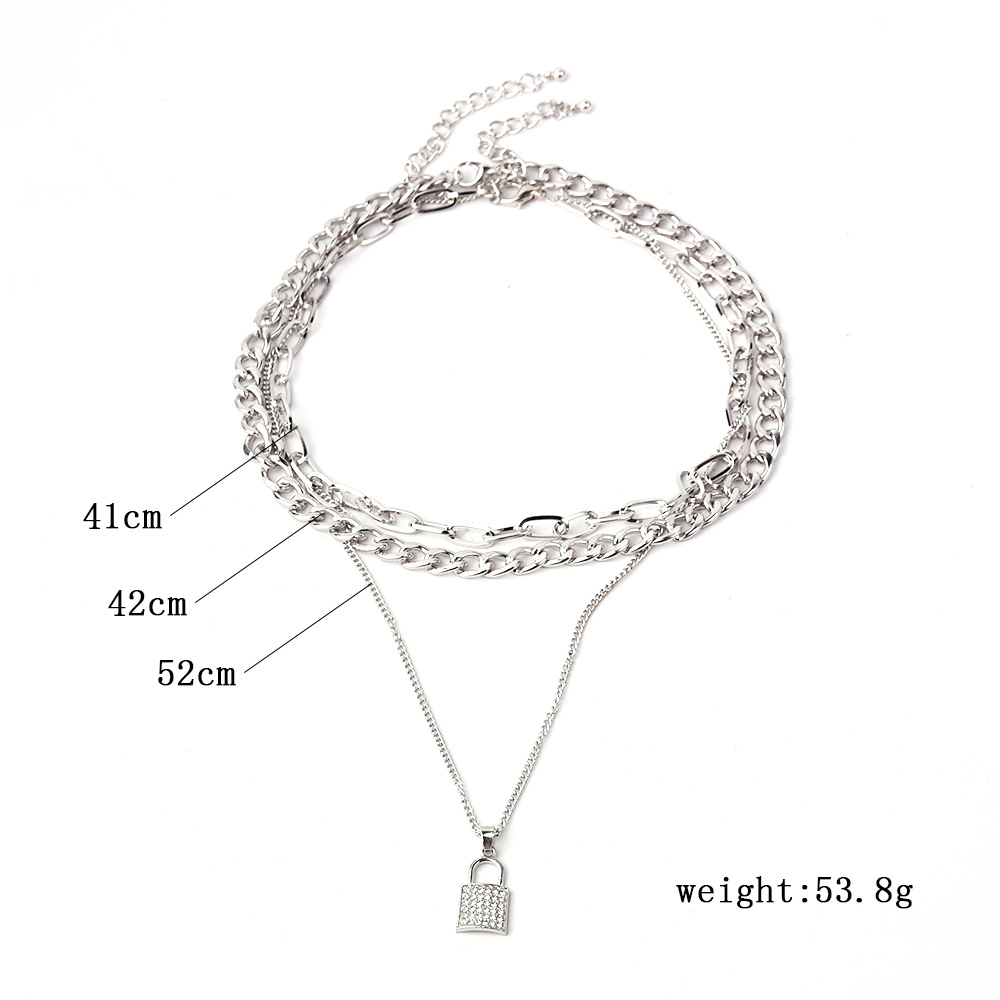 Europe and America Cross Border New Multi-Layer Diamond Lock Necklace Fashion Trend Punk Ornament Factory in Stock Wholesale