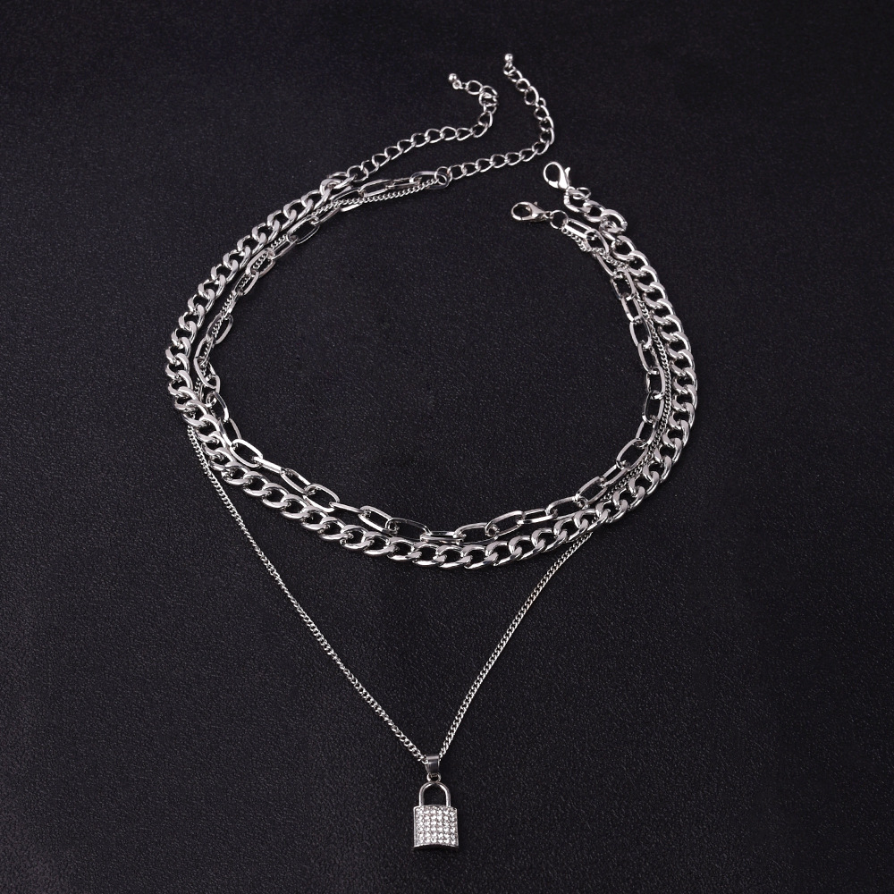 Europe and America Cross Border New Multi-Layer Diamond Lock Necklace Fashion Trend Punk Ornament Factory in Stock Wholesale