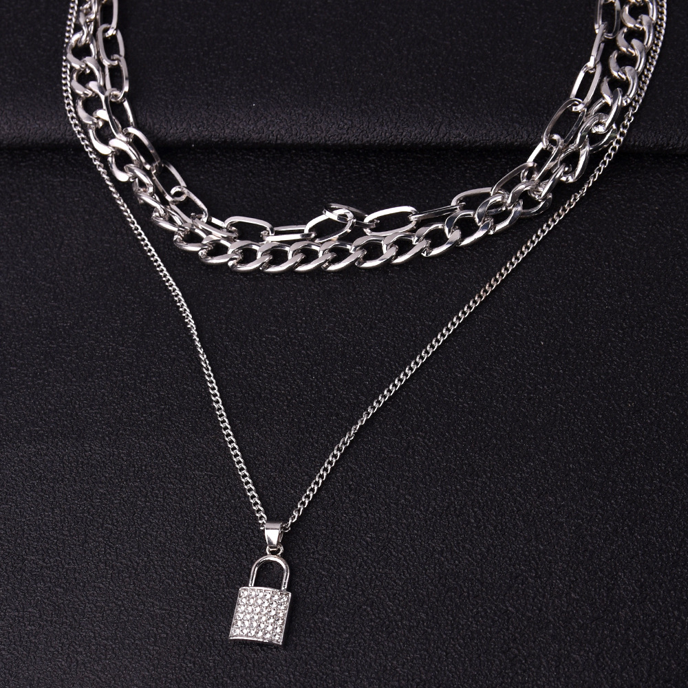 Europe and America Cross Border New Multi-Layer Diamond Lock Necklace Fashion Trend Punk Ornament Factory in Stock Wholesale