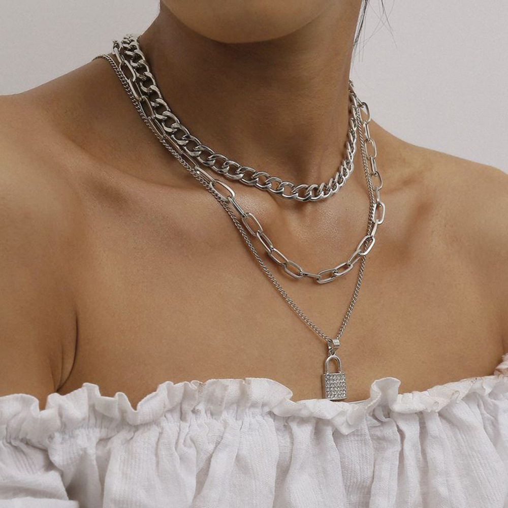 Europe and America Cross Border New Multi-Layer Diamond Lock Necklace Fashion Trend Punk Ornament Factory in Stock Wholesale
