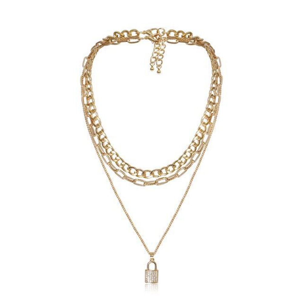 Europe and America Cross Border New Multi-Layer Diamond Lock Necklace Fashion Trend Punk Ornament Factory in Stock Wholesale