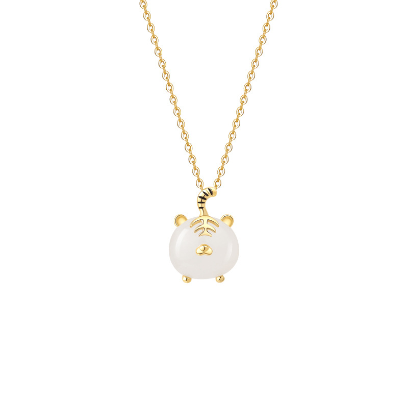 Chinese Style New S925 Sterling Silver Necklace Women&#039;s Fashion Birth Year Chinese Zodiac Tiger Pendant Natural Hetian Jade Lock