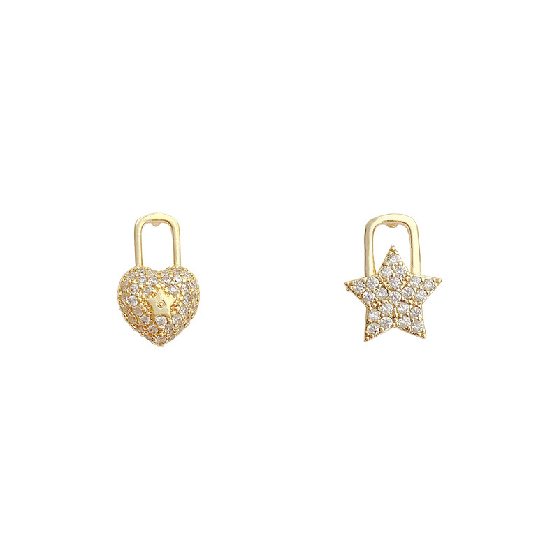 Japanese and Korean Style Creative and Slightly Luxury Asymmetric Earrings Female Five-Pointed Star Lock Head Zircon Earrings Versatile High Sense Ear Rings