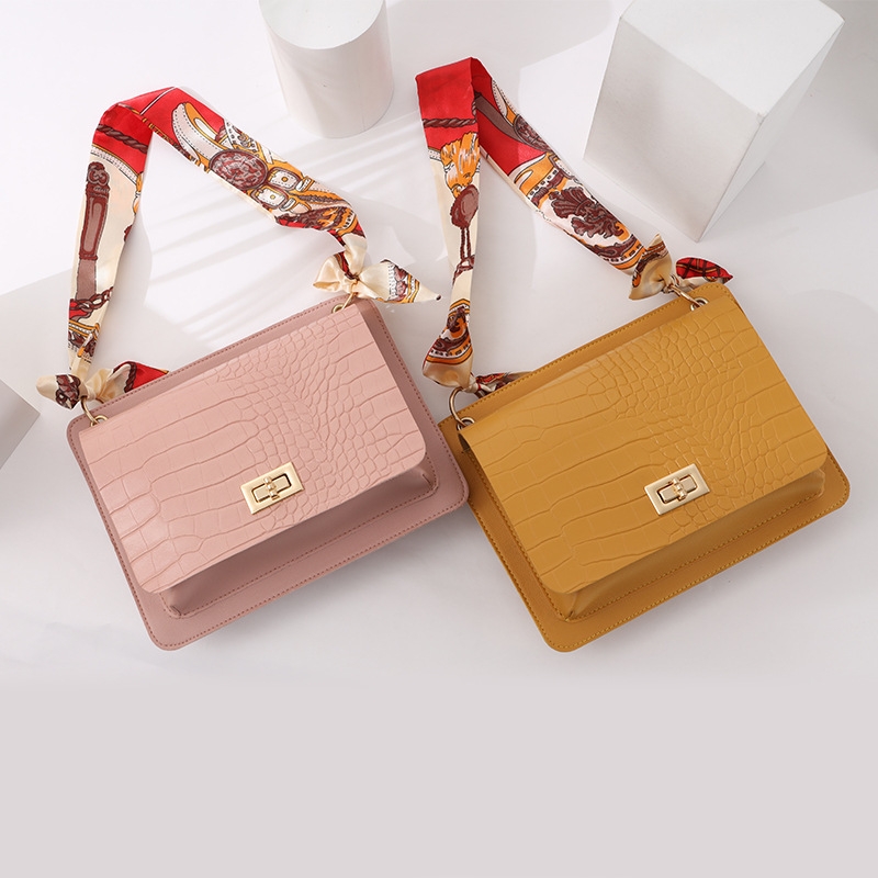 Double-Sided Women&#039;s Bag 2020 Winter Korean Style Crocodile Pattern Lock Chain Square Bag Shoulder Crossbody Jelly Silk Scarf Mobile Phone Bag