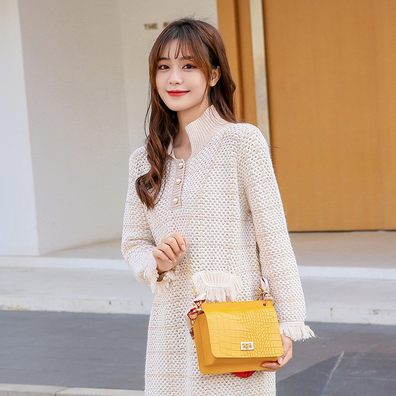 Double-Sided Women&#039;s Bag 2020 Winter Korean Style Crocodile Pattern Lock Chain Square Bag Shoulder Crossbody Jelly Silk Scarf Mobile Phone Bag