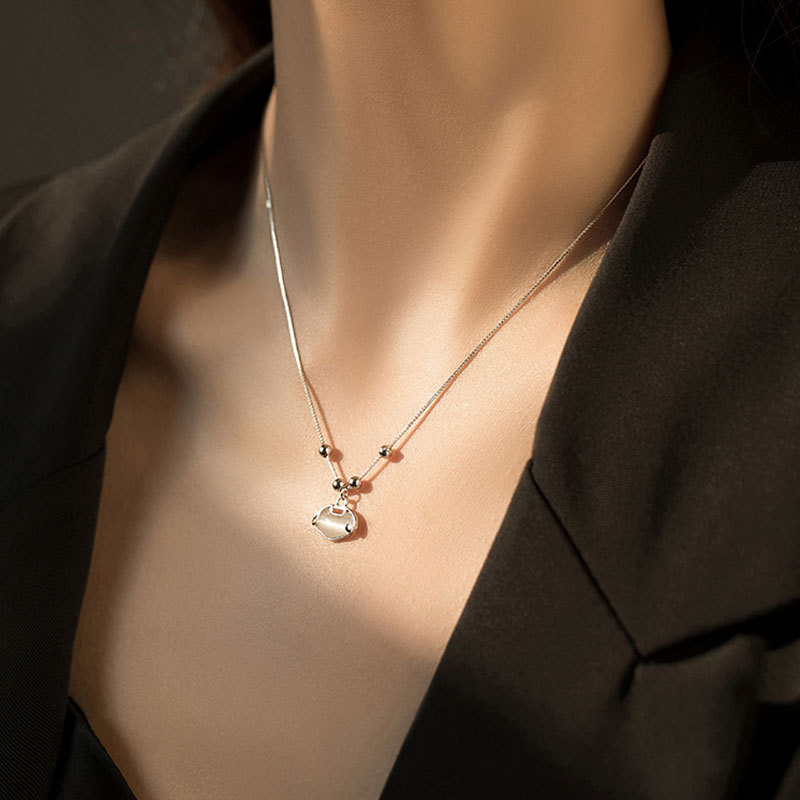 Tiqi S925 Sterling Silver Necklace Women&#039;s Chinese Style Fu Lock White Jade Pendant Clavicle Chain Simple Temperamental Minority Design Sense