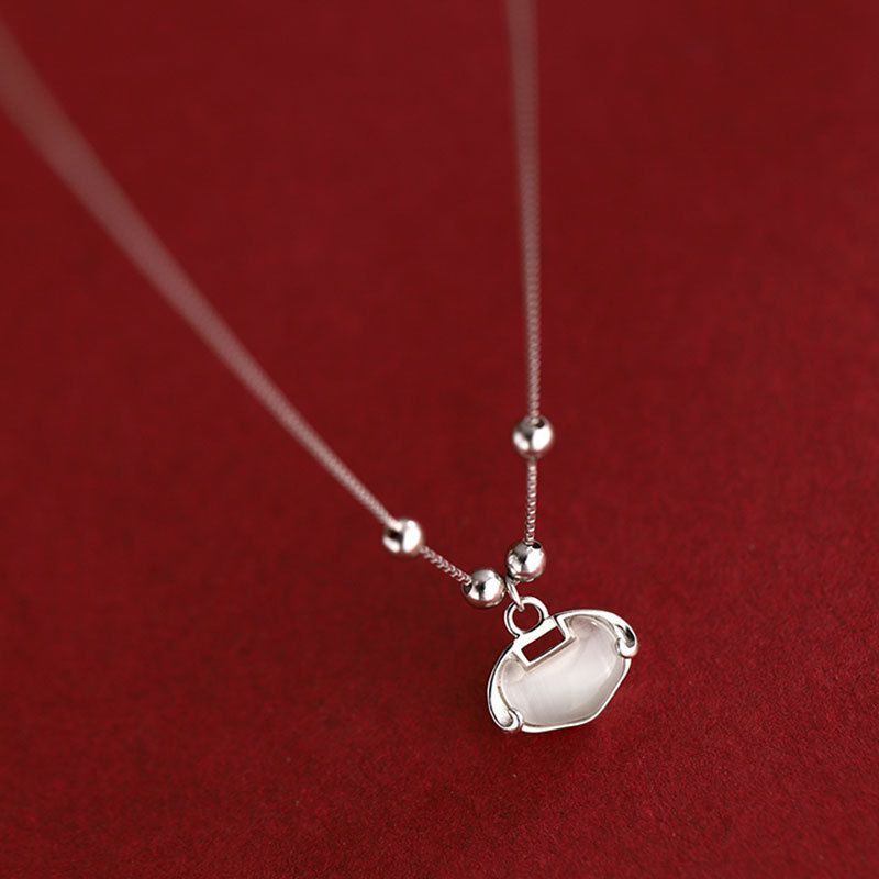 Tiqi S925 Sterling Silver Necklace Women&#039;s Chinese Style Fu Lock White Jade Pendant Clavicle Chain Simple Temperamental Minority Design Sense