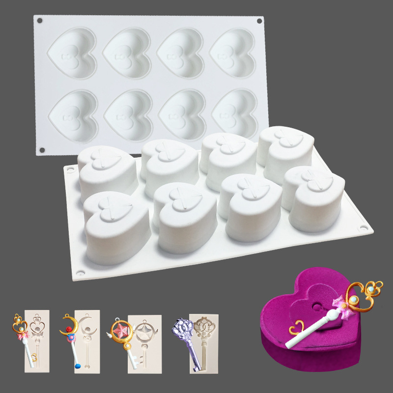 8 Heart-to-Heart Lock Key Mousse Cake Mold Valentine&#039;s Day Ice-Cream Mold Jelly Silicone Mold DIY Baking Mold