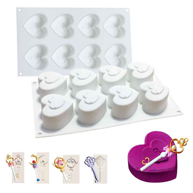 8 Heart-to-Heart Lock Key Mousse Cake Mold Valentine&#039;s Day Ice-Cream Mold Jelly Silicone Mold DIY Baking Mold