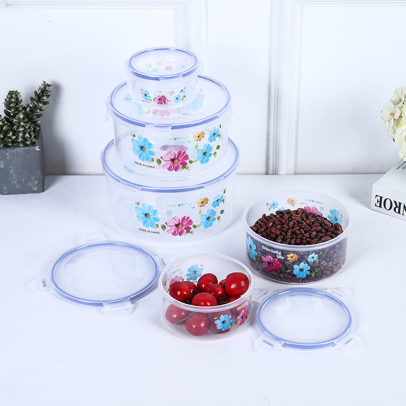 Red and Blue Flower round Preservation Box Plastic Kitchen Lock Sealed Snack Storage Box Set with Lid Refrigerator Fresh Bowl