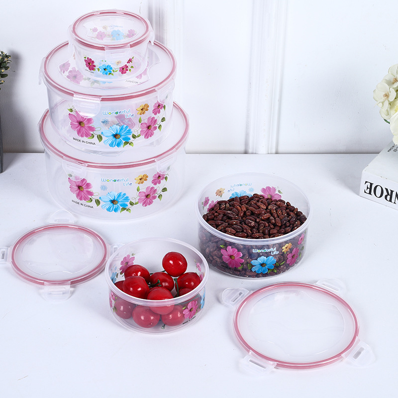 Red and Blue Flower round Preservation Box Plastic Kitchen Lock Sealed Snack Storage Box Set with Lid Refrigerator Fresh Bowl