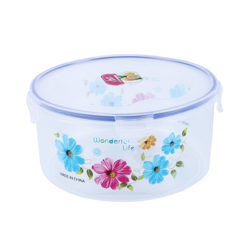 Red and Blue Flower round Preservation Box Plastic Kitchen Lock Sealed Snack Storage Box Set with Lid Refrigerator Fresh Bowl