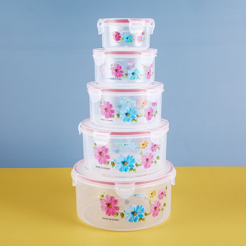 Red and Blue Flower round Preservation Box Plastic Kitchen Lock Sealed Snack Storage Box Set with Lid Refrigerator Fresh Bowl