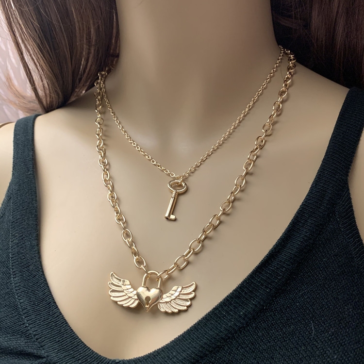 European and American Temperament Necklace Women&#039;s Cross Chain Heart-Shape Lock-Shaped Wings Pendant Necklace Double-Layer Fashion Street Shooting Accessories