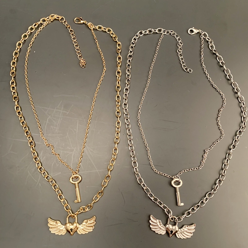European and American Temperament Necklace Women&#039;s Cross Chain Heart-Shape Lock-Shaped Wings Pendant Necklace Double-Layer Fashion Street Shooting Accessories