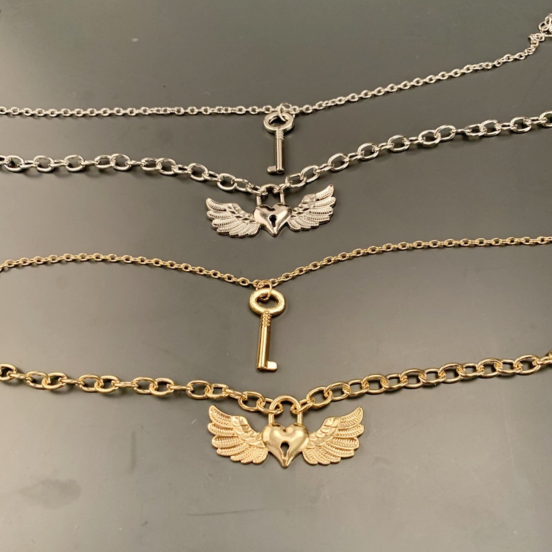 European and American Temperament Necklace Women&#039;s Cross Chain Heart-Shape Lock-Shaped Wings Pendant Necklace Double-Layer Fashion Street Shooting Accessories