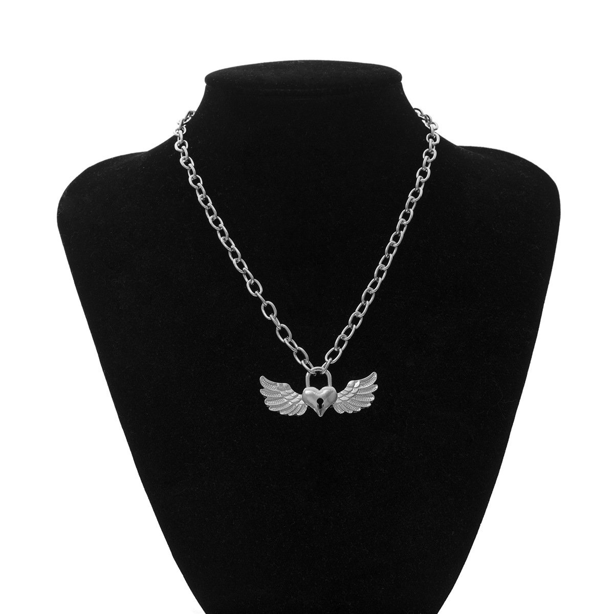 European and American Temperament Necklace Women&#039;s Cross Chain Heart-Shape Lock-Shaped Wings Pendant Necklace Double-Layer Fashion Street Shooting Accessories