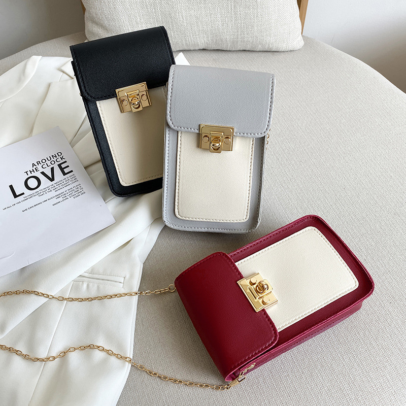 Internet Celebrity Live Broadcast 2021 Winter Korean Style Color Lock Chain Mobile Phone Bag Shoulder Crossbody Simplicity PU Leather Women&#039;s Bag