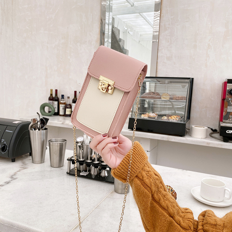 Internet Celebrity Live Broadcast 2021 Winter Korean Style Color Lock Chain Mobile Phone Bag Shoulder Crossbody Simplicity PU Leather Women&#039;s Bag