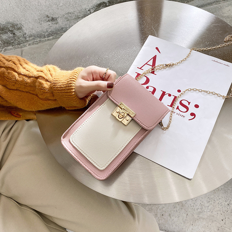 Internet Celebrity Live Broadcast 2021 Winter Korean Style Color Lock Chain Mobile Phone Bag Shoulder Crossbody Simplicity PU Leather Women&#039;s Bag