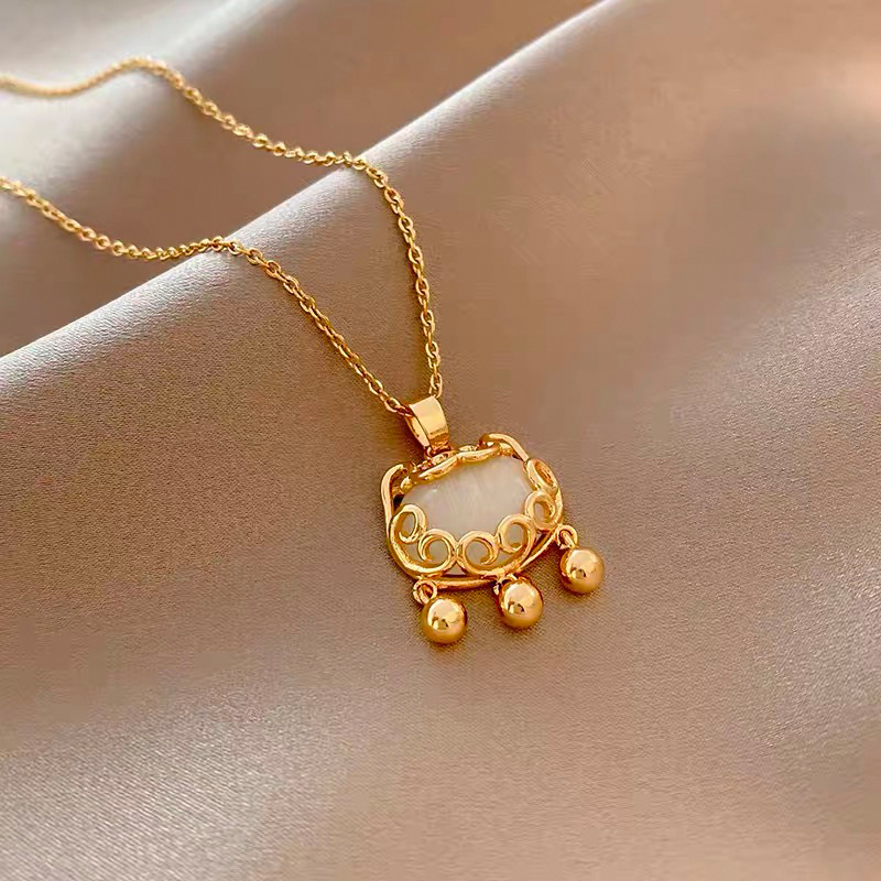 Auspicious Ruyi Peace Longevity Lock Electroplated Real Gold Titanium Steel Necklace Vintage Bell Clavicle Chain Sweater Chain Holiday Gift