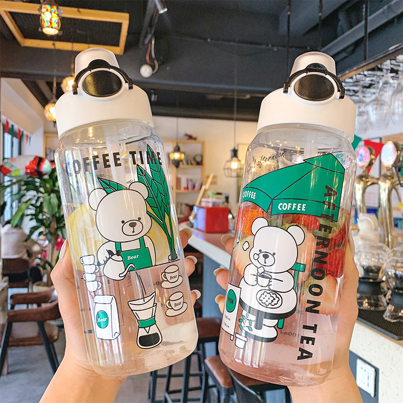 INS Cartoon White Bear Cafe Plastic Cup Large Capacity Lock Bounce Cover Cup with Straw Children Student Water Cup