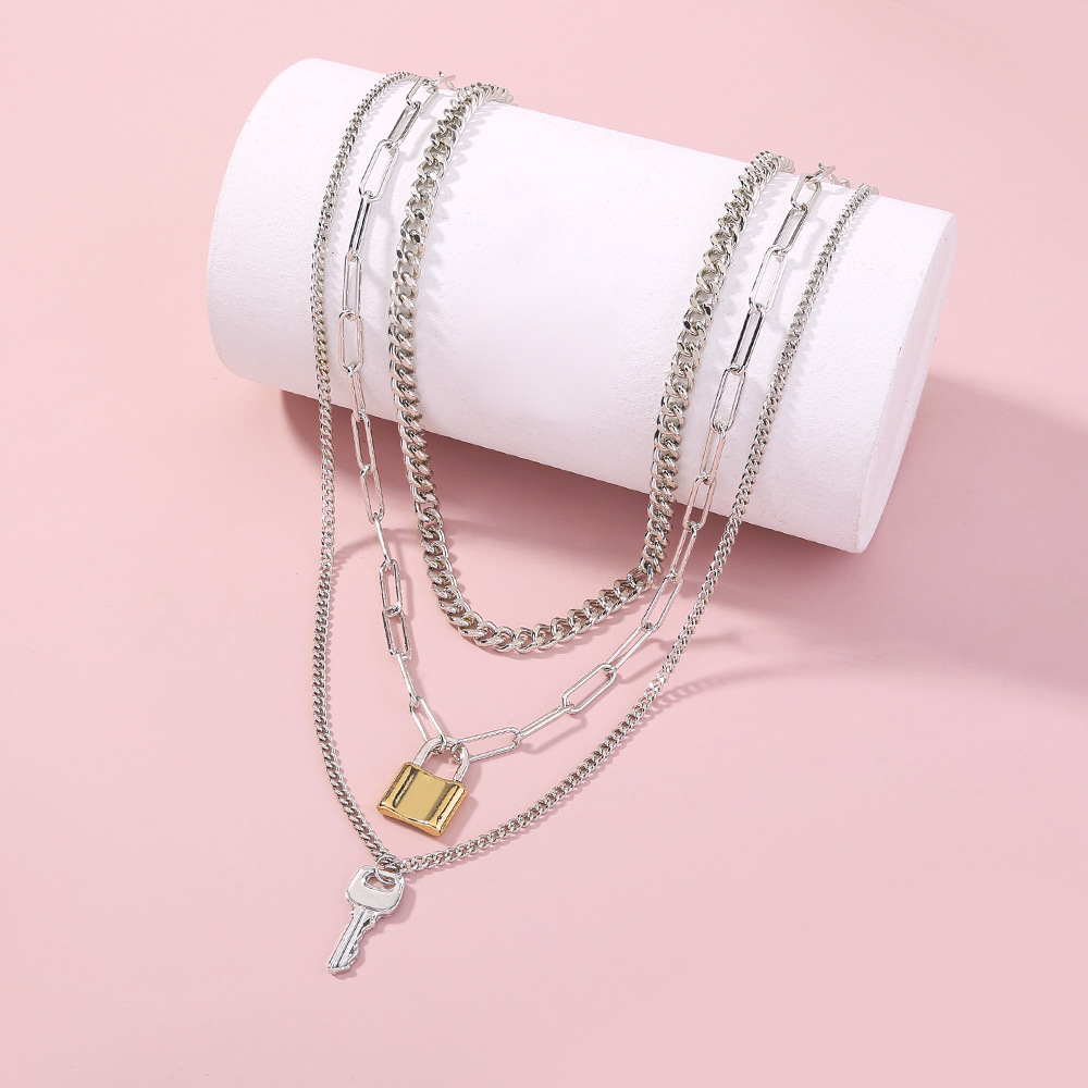 Europe and America Cross Border Popular Punk Trendy Multi-Layer Combination Set Necklace Lock-Shaped Key Hiphop Necklace