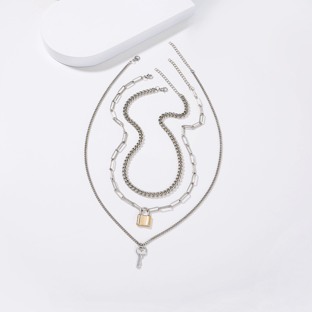 Europe and America Cross Border Popular Punk Trendy Multi-Layer Combination Set Necklace Lock-Shaped Key Hiphop Necklace