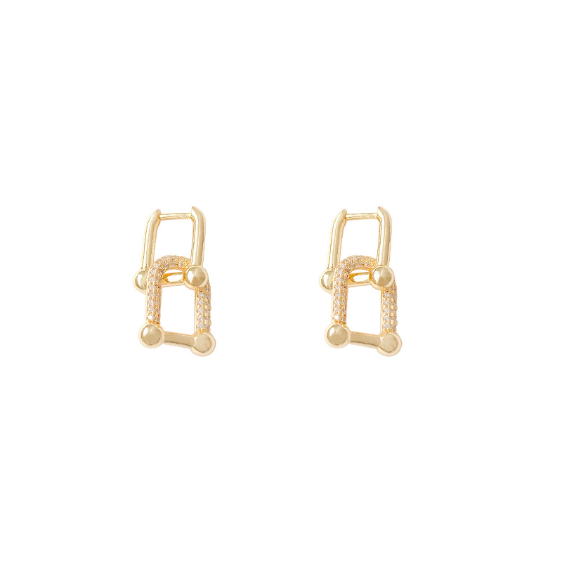 European and American Geometric U-Shaped Lock Earrings Female Temperament Micro Zircon-Encrusted Stud Earrings Sterling Silver Needle Trend All-Match Ear Jewelry