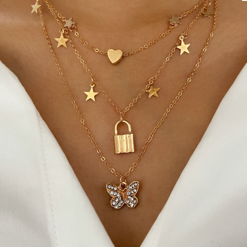 Han Zhishang Europe and America Cross Border New Gold Diamond Butterfly Pendant Necklace Creative Twin Lock Love Multilayer Collarbone Necklace