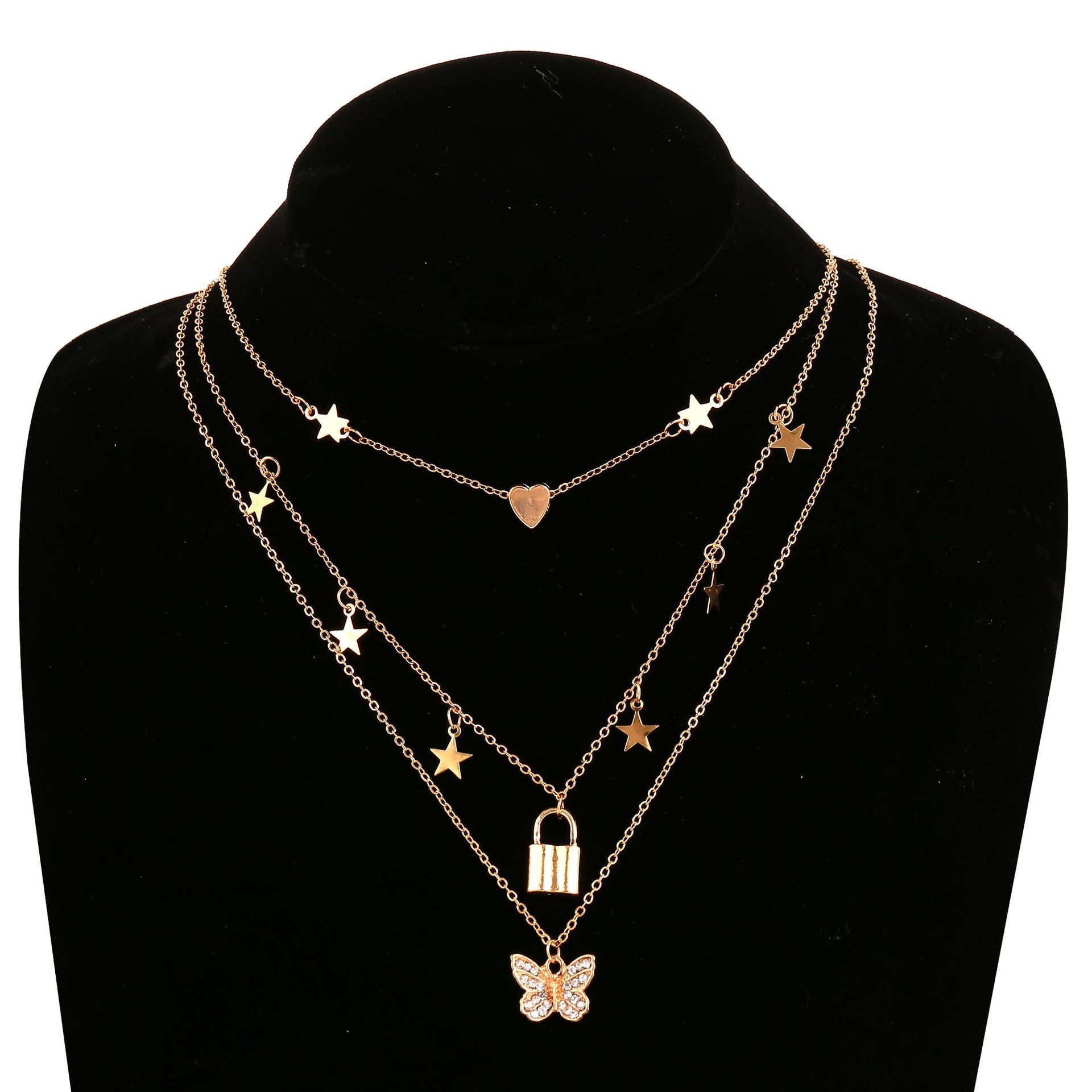 Han Zhishang Europe and America Cross Border New Gold Diamond Butterfly Pendant Necklace Creative Twin Lock Love Multilayer Collarbone Necklace