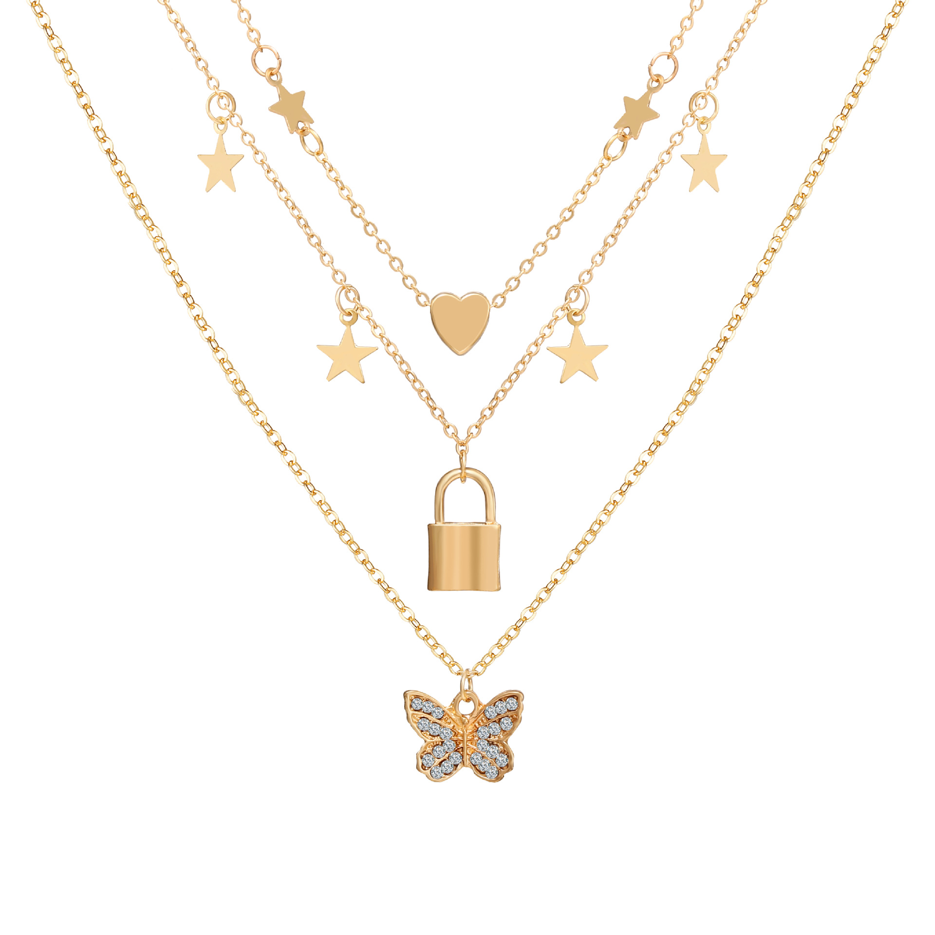 Han Zhishang Europe and America Cross Border New Gold Diamond Butterfly Pendant Necklace Creative Twin Lock Love Multilayer Collarbone Necklace