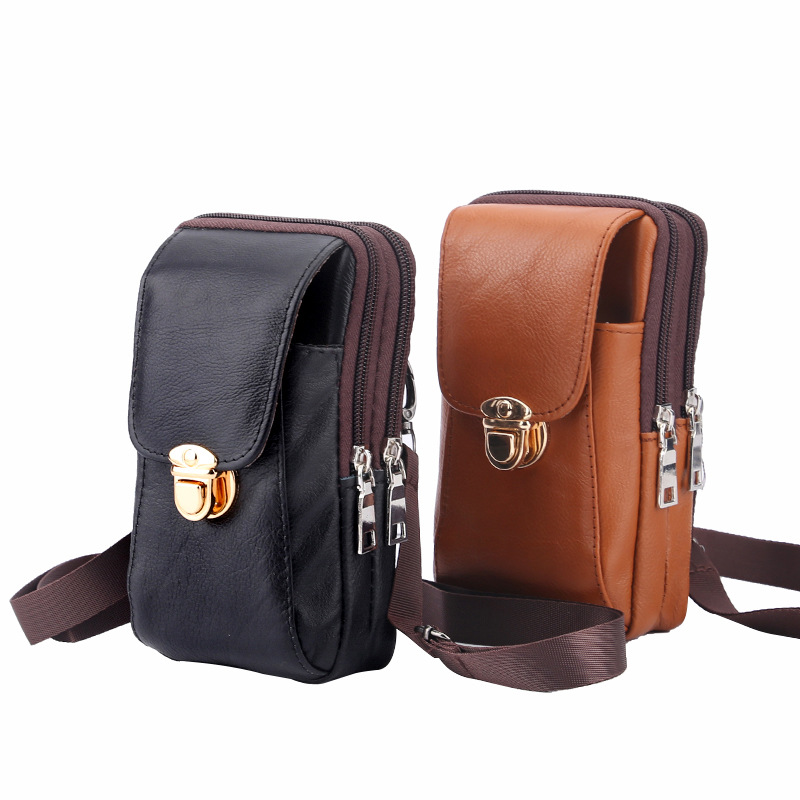 Mortise Lock Retro Men&#039;s Mobile Phone Bag 2021 New Fashion Coin Purse Leather One-Shoulder Crossbody Bag Factory Wholesale